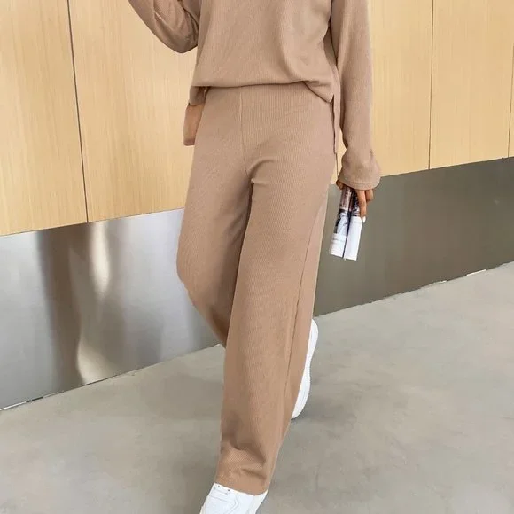 Khaki Casual Womens Drop Shoulder Half Button Tee & Pants - Picture 3 of 5